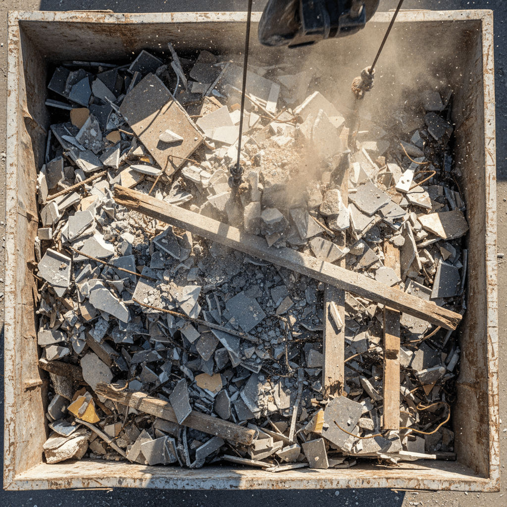 An overhead close-up shot showing a pile of mixed construction debris rubble, broken tiles, and wooden planks being loaded into a large metal skip container.