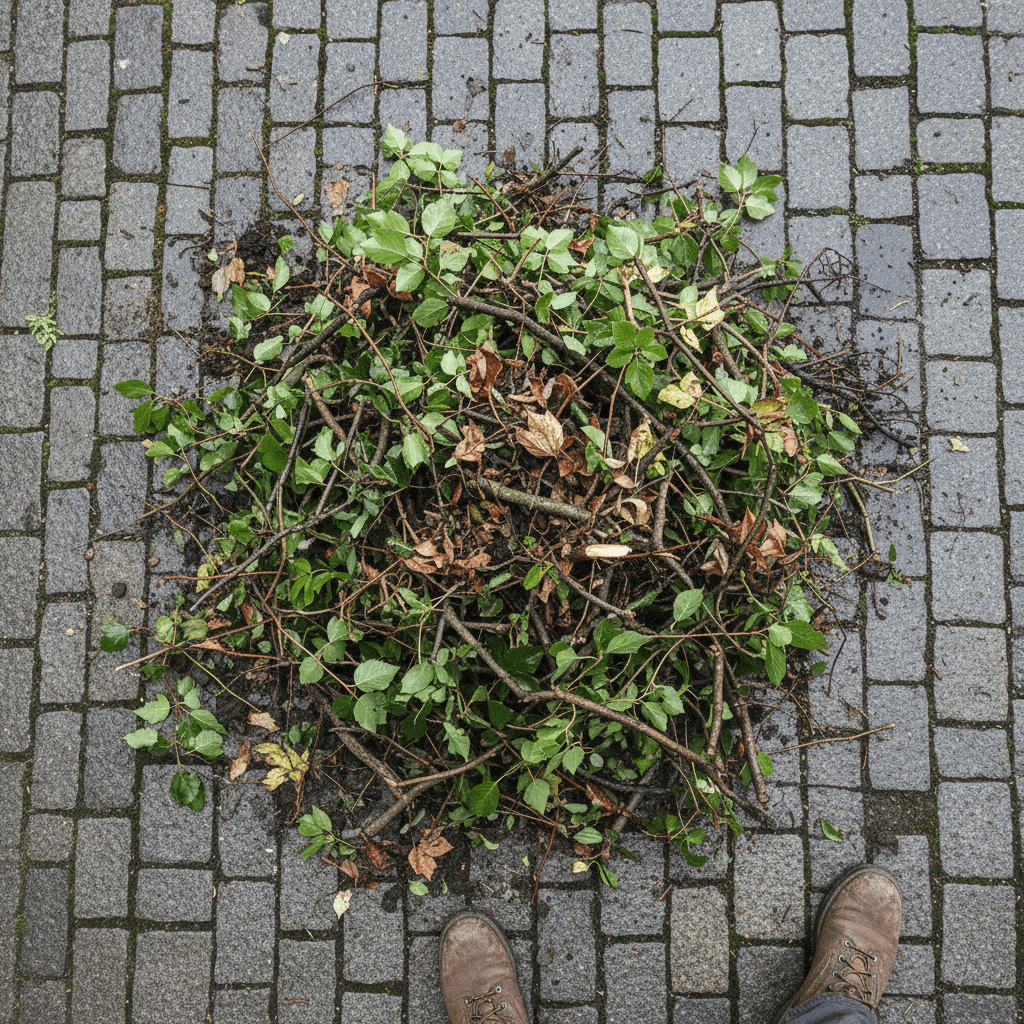 A moody, overcast documentary-style close-up shot of a pile of freshly cut tree branches and garden clippings piled neatly on a Berlin cobblestone driveway.