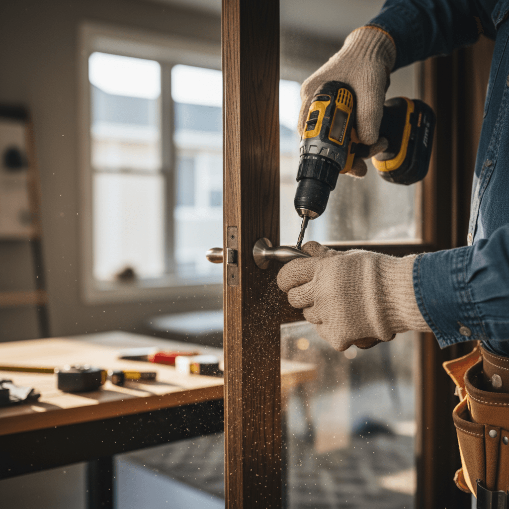 Handwerker bei der Montage eines Schranks mit einem Akkuschrauber