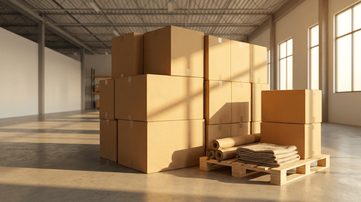 Innenansicht eines Umzugswagens mit gepackten Kartons und Möbeldecken