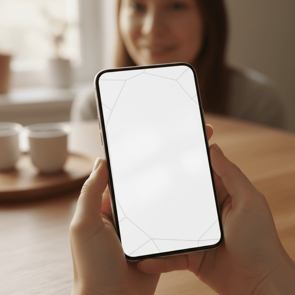 Hand hält Smartphone mit Chatverlauf, Arbeitshandschuh und Zollstock liegen daneben.
