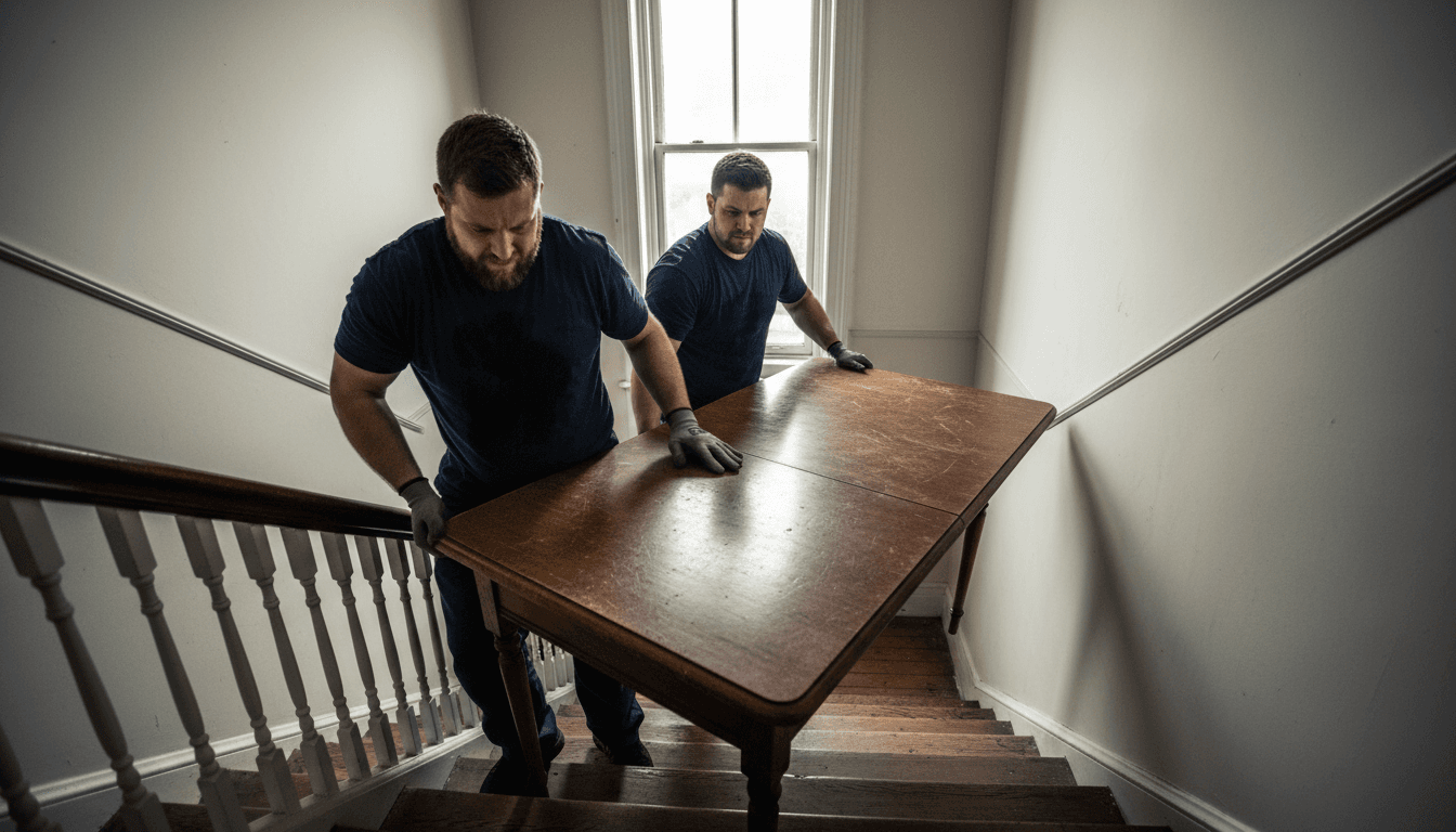 Zwei Männer tragen ein Sofa durch eine Berliner Wohnungstür