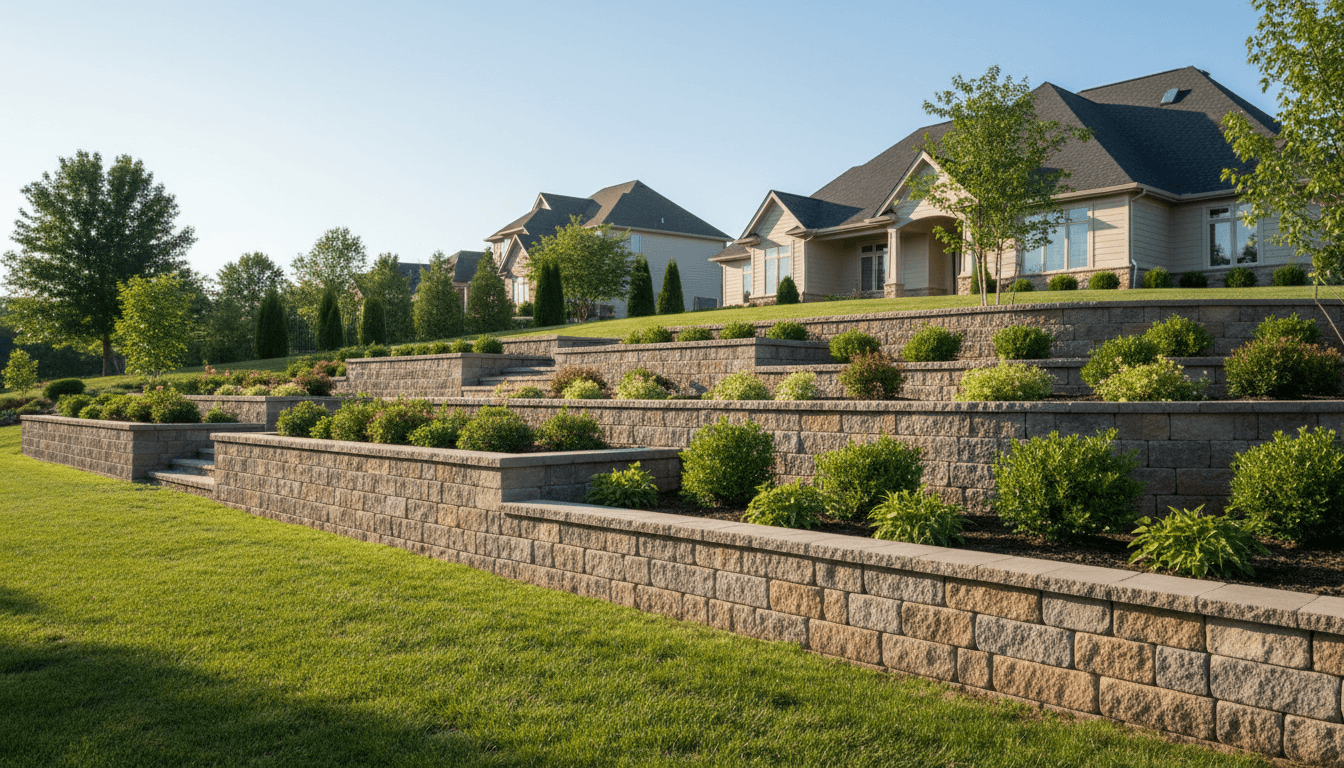 Completed multi-tier stacked stone retaining wall integrated into residential garden landscape with established plantings and lawn